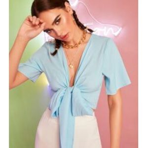 Flattering crop front tie baby blue shirt